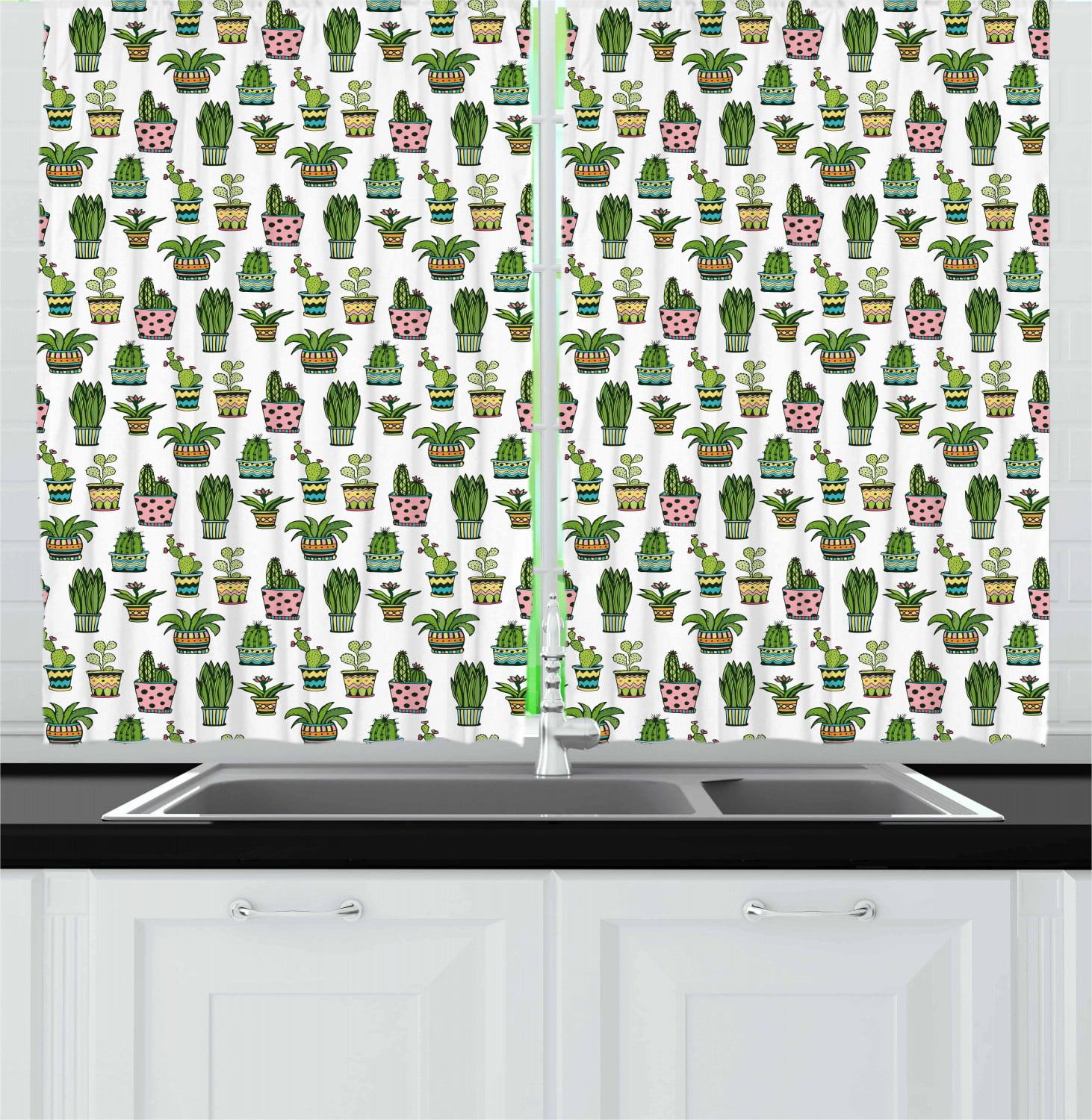 Cactus plant potted plant Window Drapes Short Kitchen Curtains 2 Panel 55"X39" 