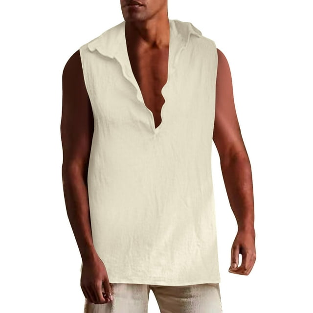 Aayomet Débardeurs de Gym pour Hommes Rétro Décontracté Couleur Unie Gilet à Col (Beige, G)
