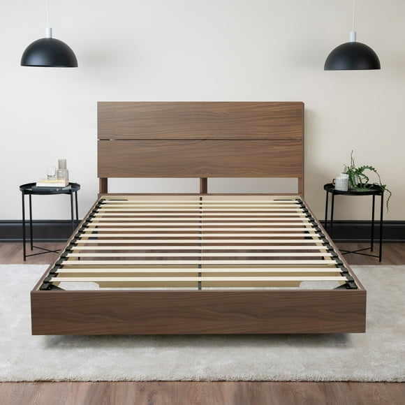 Floating Wood Bed with Headboard (Walnut) - Queen