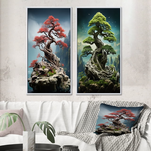 Designart "Bonsais Wisdom Asian beauty VI" Art Mural Encadré Ensemble de 2 - Personnes Rouges Art Mural Encadré Ensemble de 2