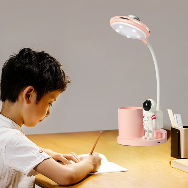 Lámpara de escritorio de astronauta para niños | Proyector de estrellas, luz nocturna y carga USB | Lámpara de estudio LED regulable con portalápices para niños y niñas