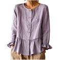 thumbnail image 2 of Womens Cotton Linen Shirts Long Sleeve Button Down Crewneck Ruffled Blouses Trendy Casual Loose Cute Comfy Tops, 2 of 7