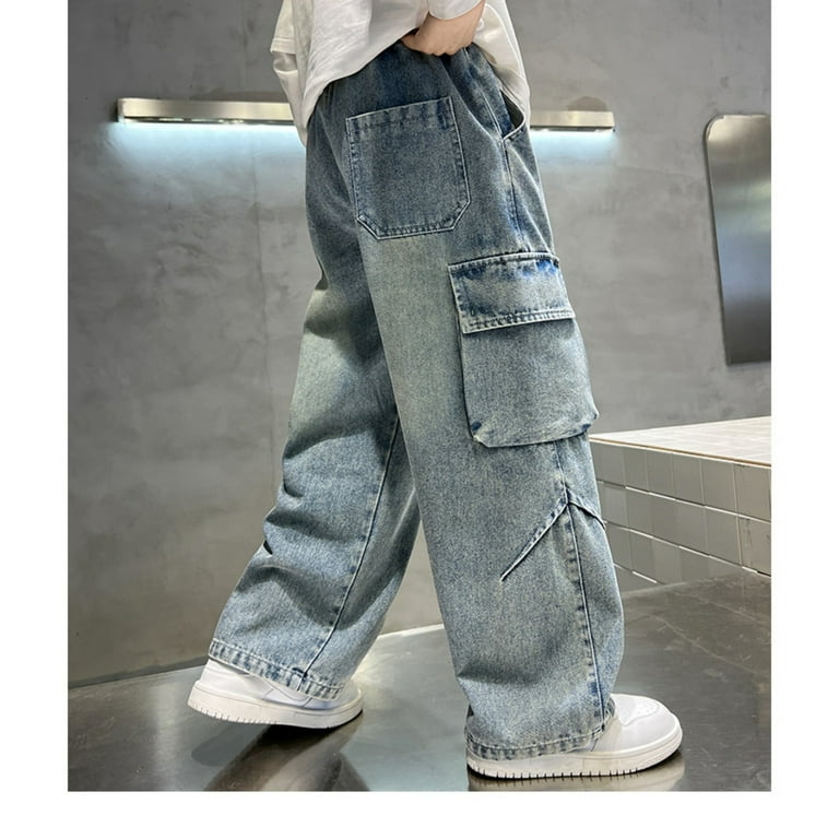 boys denim pants / グレー Teen Boys Denim Jeans pants,Casual Loose Elastic Waist Denim Pants