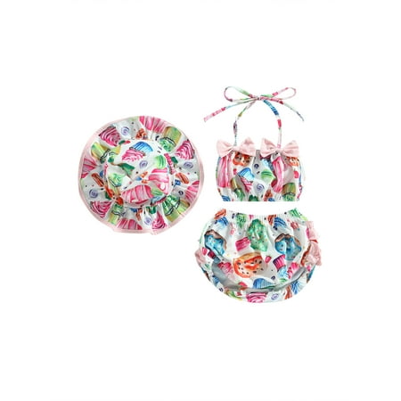 

Cenuakty Baby Girl 3pcs Swimsuits Summer Fruit Print Bandage Halterneck Sleeveless Tops Beach Shorts and Hat Set Swimwear