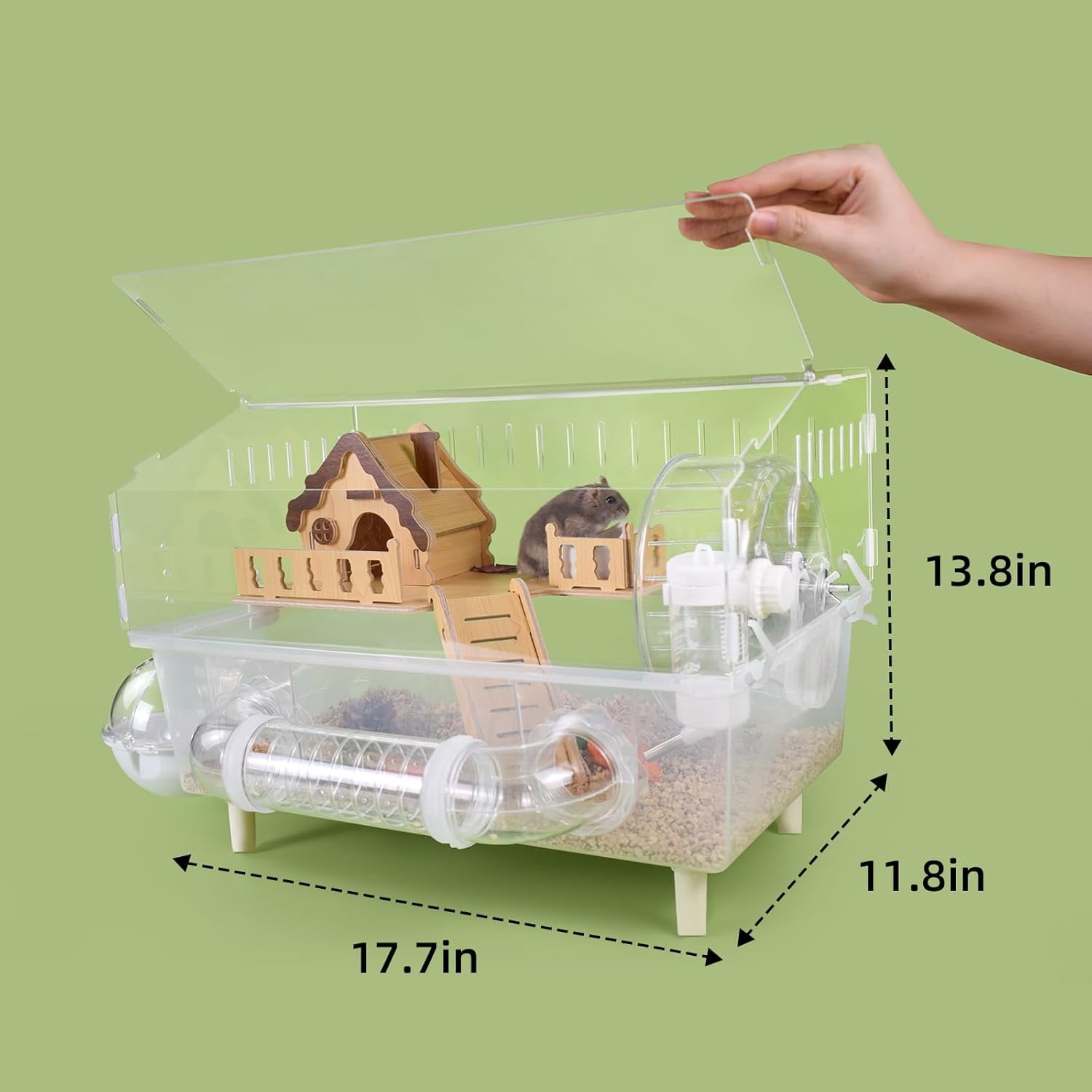 Clear Acrylic Hamster Cage, Dwarf Hamster Cage, Mouse Cage, Gerbil Cage - All-in-One Hamster Habitat with 18cm Silent Wheel, Tubes & Full Kit, 17.7×11.8×13.8" for Dwarf Hamsters, Mice, Gerbils