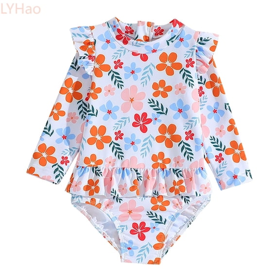 LYHao Toddler Girls Long Sleeve Froal Printing Beach Bathing Baby Suit Girls Swimwear Swimsuit,One-Piece Swimwear 18-24 Months White