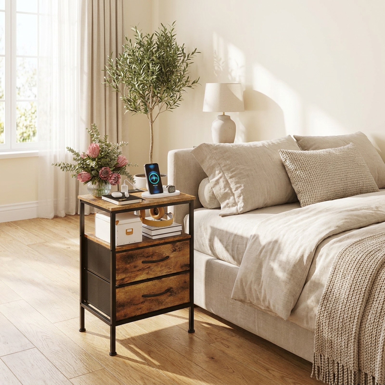 Furnibear Nightstand with Charging Station 24.5 inch Modern Bedside Table with 2 Fabric Drawers for Bedroom Living Room Bedside Sofa, Rustic Brown