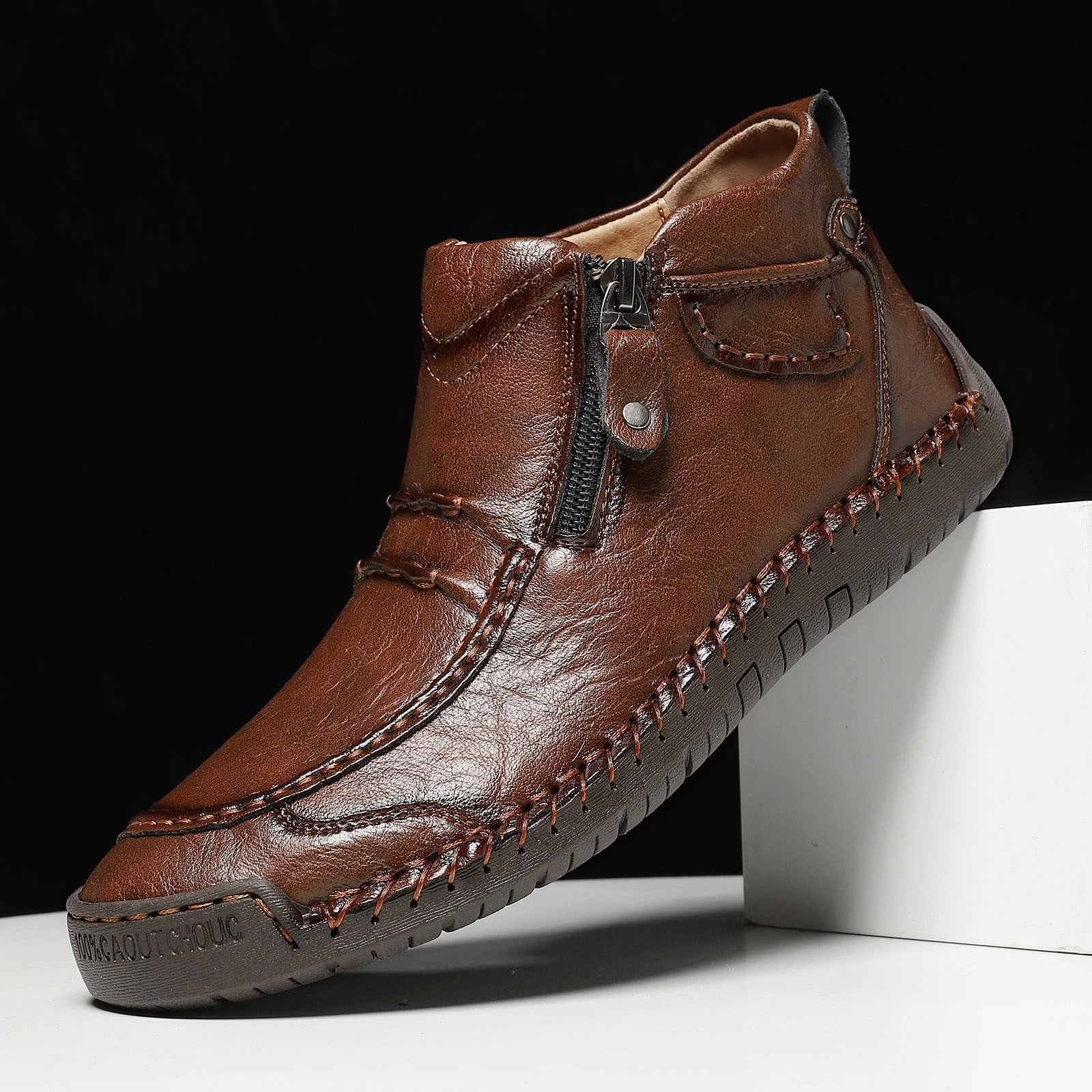 Menâs -On Orthopedic Leather Boots,Menâs Handmade Leather -On Driving Boots,Men Side Zipper Orthopedic Shoes for Driving Hiking