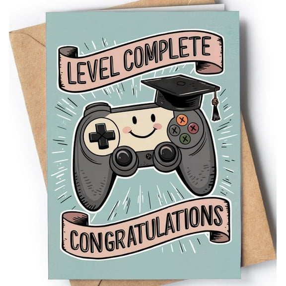 Graduation Card for Gamers – "Level Complete, Congratulations!" – Fun Game Controller Design – Envelope Included, Blank Inside – Perfect for Graduates and Video Game Enthusiasts