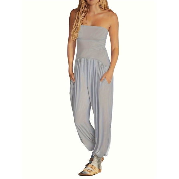 Summer Womens Off Shoulder Loose Casual Onesie Jumpsuits Backless Long Pants Baggy Rompers with Pockets