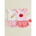 thumbnail image 3 of BemeyourBBs Toddler Baby Girl Back to School Outfit Kdis Baby Girls Kindergarten Outfits First Day of School Outfit Apple Pencil Embroidery Fly Sleeve T Shirt Tops and Plaid Shorts 2Pcs Set, 3 of 9
