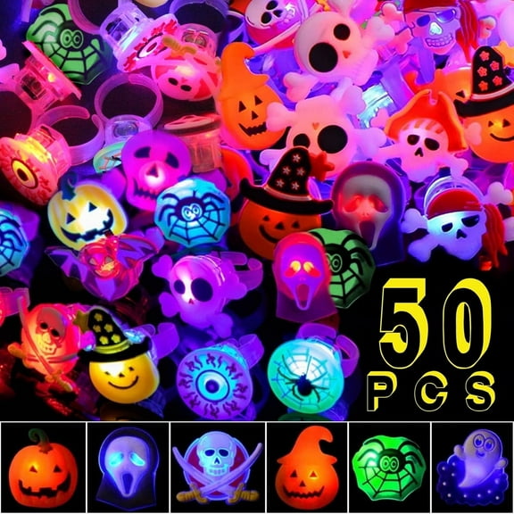 50Pcs Halloween Party Favors for Kids, LED Light Up Rings Halloween Toys for Trick Or Treat, Flash Finger Rings Glow in the Dark Party Supplies, Halloween Goodie Bag Fillers for Treats Non Candy