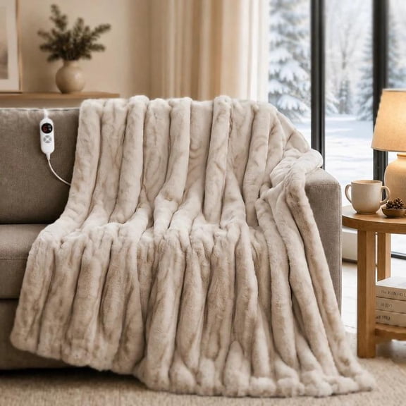 CalFancy Heated Blanket 50"x60", Faux Fur Electric Blanket with 6 Heat Levels, 1-4 Hour Timer, OEKO-TEX Fabric, Machine Washable Cozy Blanket, Light Brown