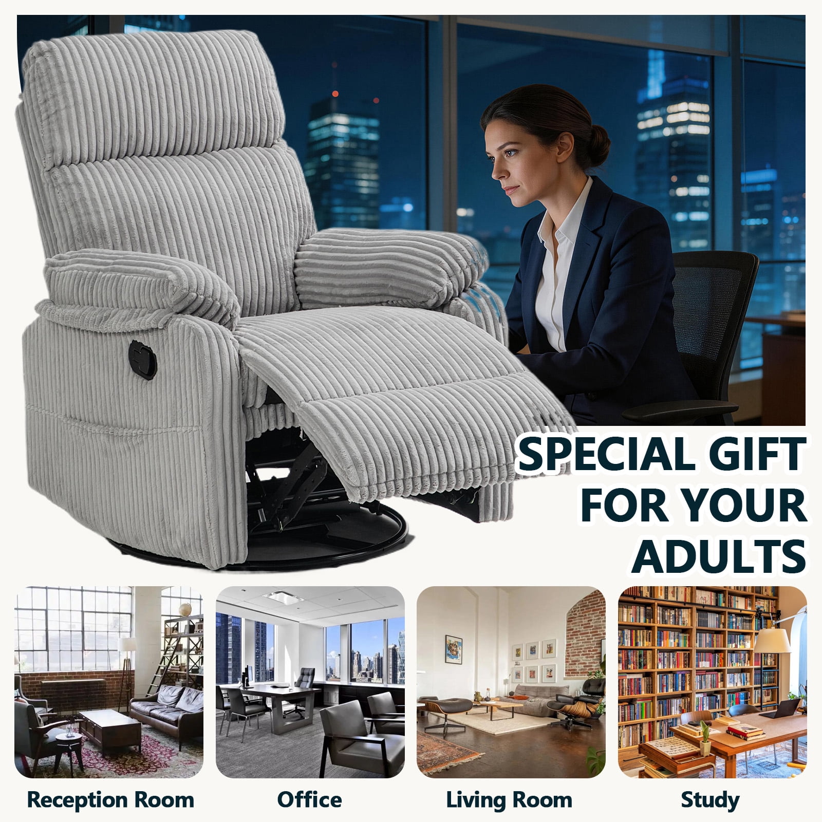 Leumius Swivel Recliner Chair,360° Swivel Rocker Chair for Living Room,Upholstered Nursery Glider Recliner Chair for Small Spaces,Manual Recliner for Adults for Home Theater,Light Gray