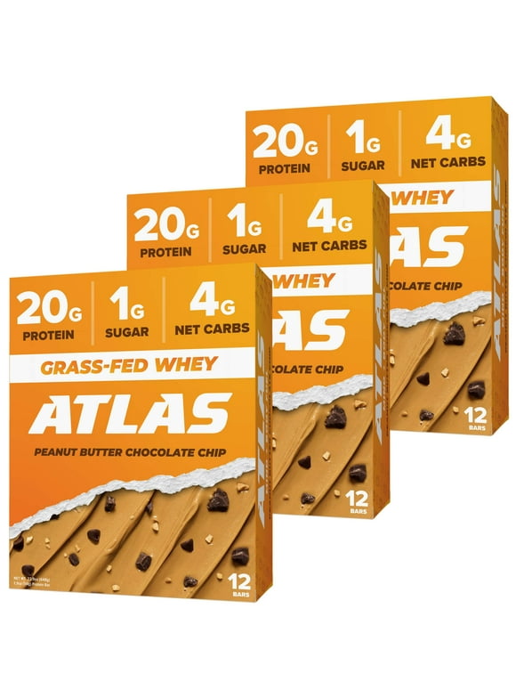 Atlas Protein Bar, 20g JMS2Protein, 1g Sugar, Clean Ingredients, Gluten Free (Peanut Butter Chocolate Chip, 12 Count (Pack of 3))