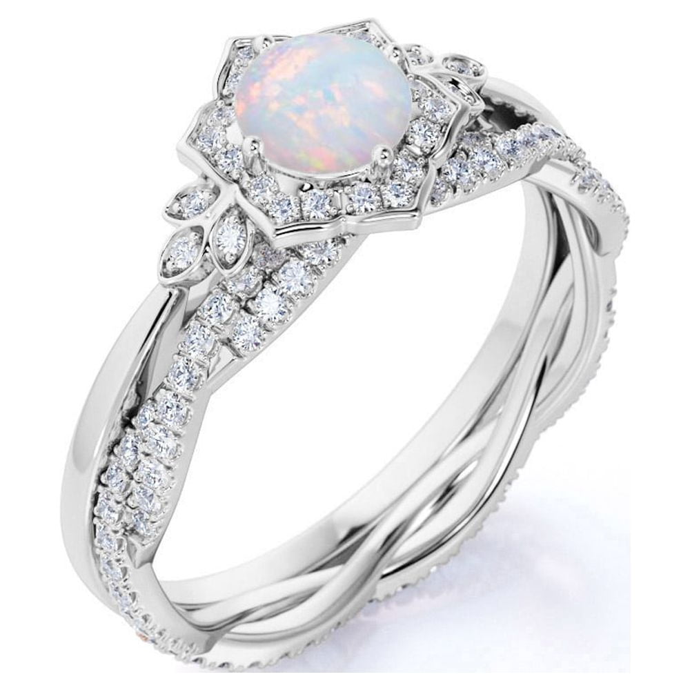 JeenMata 1.75 ct Genuine Round Blue Lab Created Opal and Moissanite Bridal Ring Set in 18K White Gold over Silver