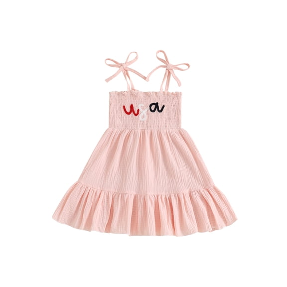 Okbabeha Toddler Baby Girls 4th of July Dress Fouth of July Outfit USA Embroidery Smocked Dress Summer Independence Day Clothes