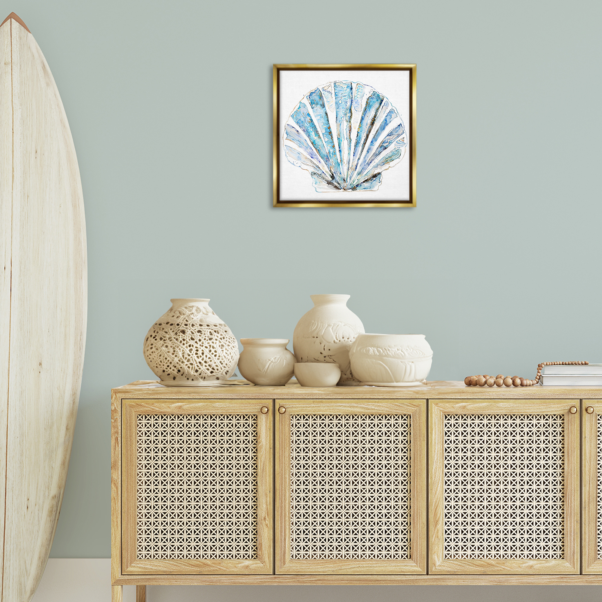 Stupell Industries Blue Clam Shell Coastal Painting Gold Floater Framed Canvas Art Print Wall Art, 18 x 18