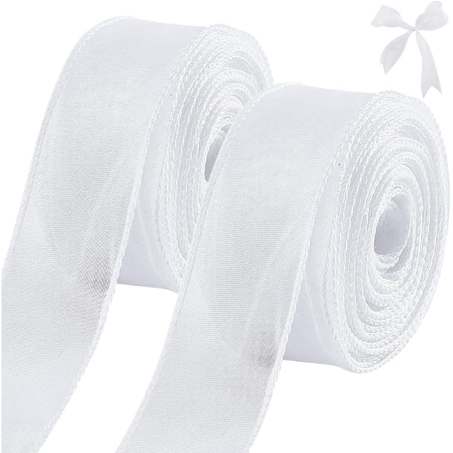 Cinta de gasa blanca, 2 rollos, 1-1/2 pulgadas x 10 yardas, cinta de organza transparente, cinta de seda de gasa hecha a mano, cinta blanca