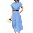 thumbnail image 3 of Women's Button Down Belted Cotton Linen Maxi Dresses Sleeveless Long Pockets Shirt Dress Blue S, 3 of 7