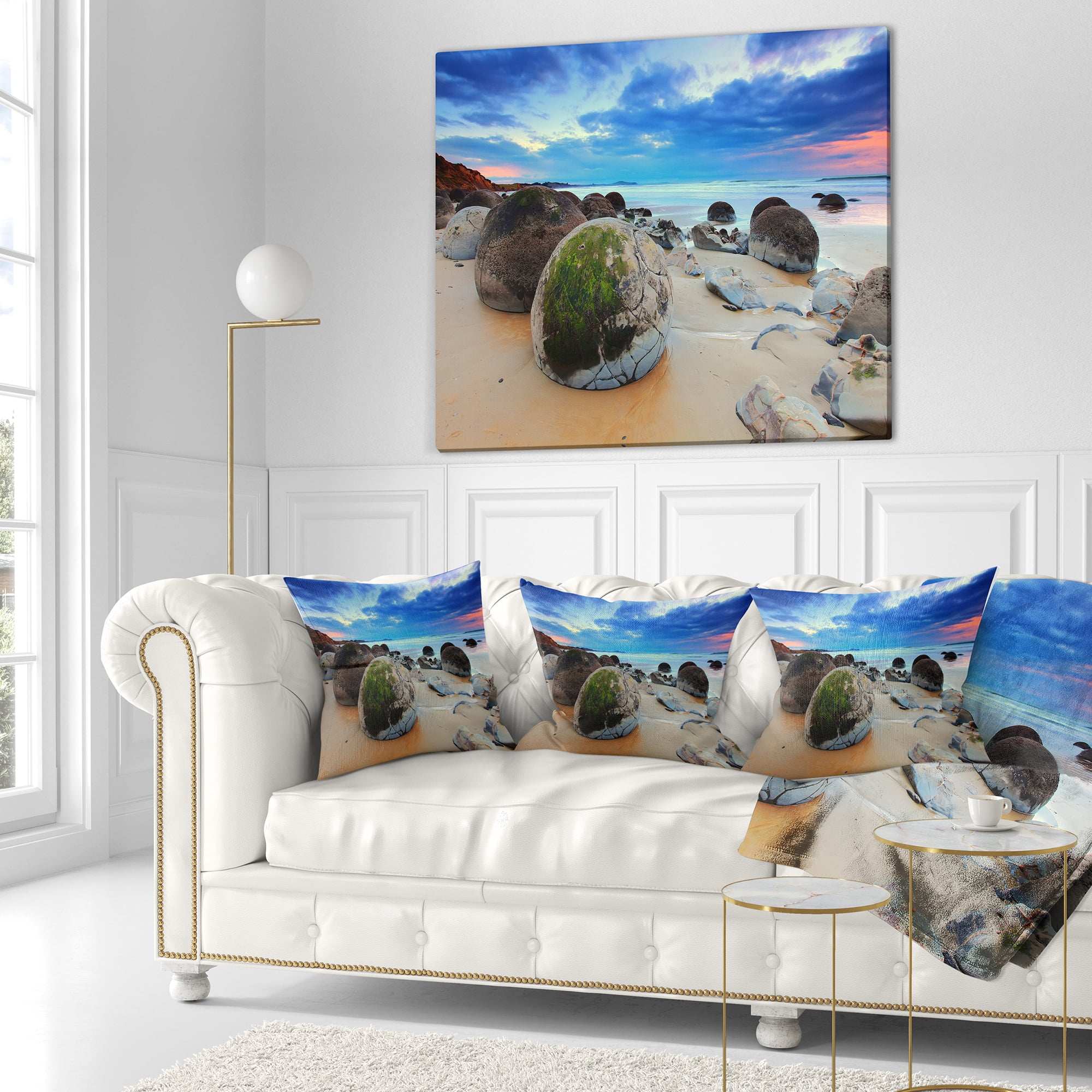 Designart Cloudy Sunrise Over Moeraki Boulders - Seashore Photo Throw Pillow - 18x18