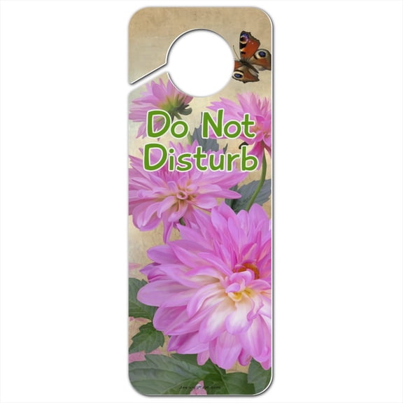 Pink Dahlia Flowers and Butterfly Plastic Door Knob Hanger Sign