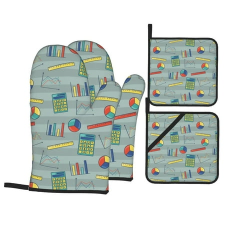 

Oven Mitts and Pot Holders 4 pcs Set Math Print ruler calculator Heat Resistant Silicone Oven Mitts Pot Holders for Kitchen Baking Cooking Non-Slip Oven Gloves Hot Pads Potholders