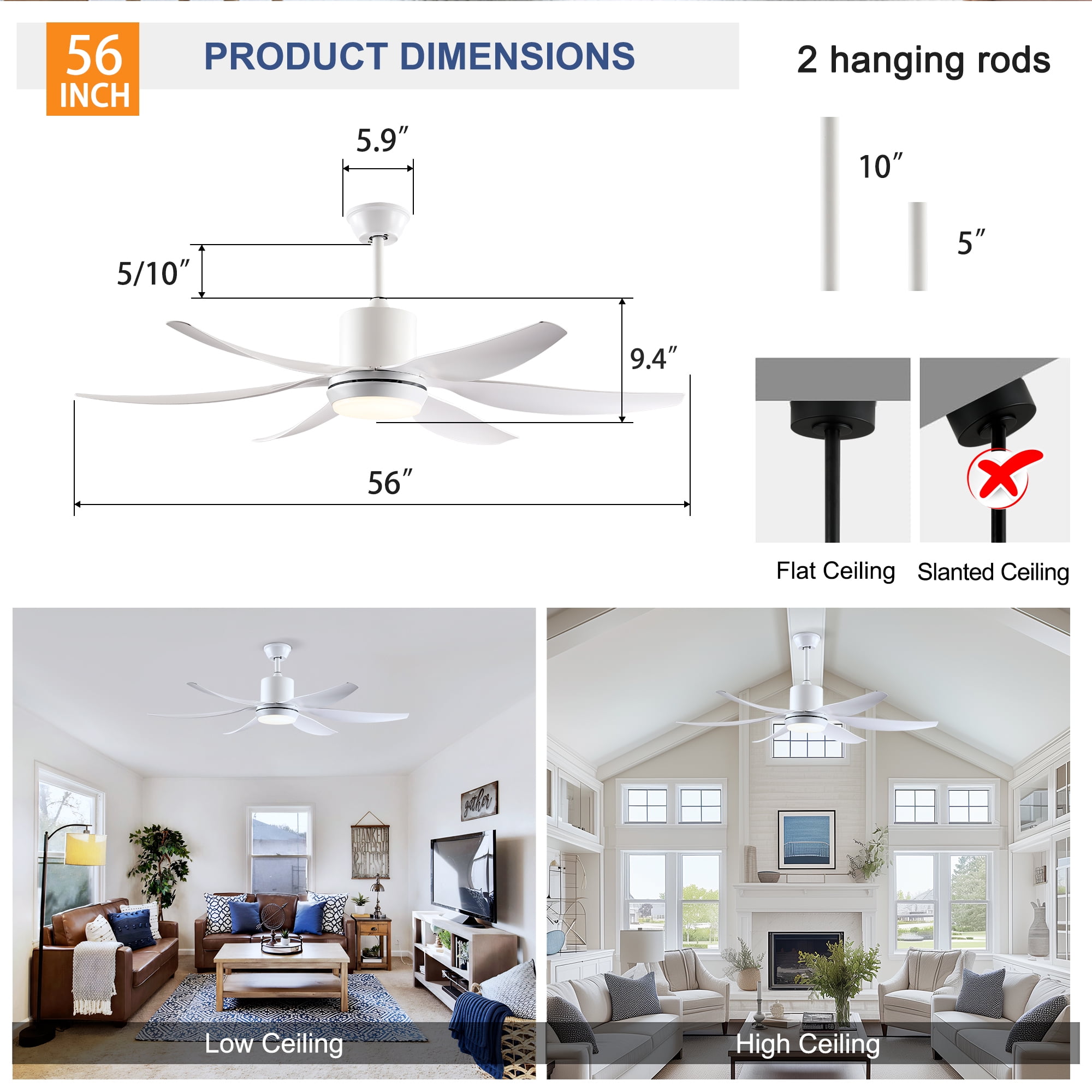 Eowynic 56-Inch Modern Ceiling Fans with Lights, Remote Control, DC Motor, 6-Blade, 6-Speed, Dimmable Led, White
