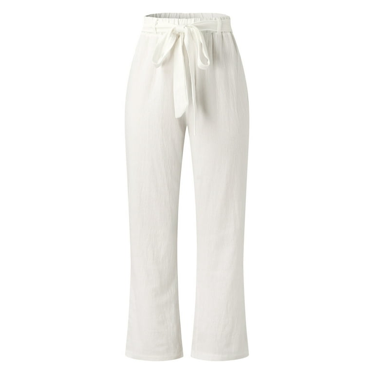 Womens Pants Casual Cotton Linen Fashion Long Pant Elastic Waist