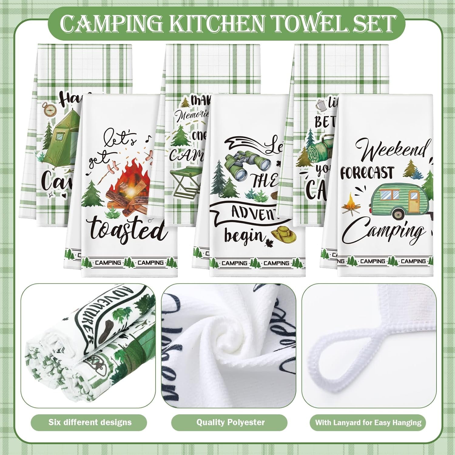 RGHJAR-6 Pcs Camping Kitchen Towels Bonfire Tent Car Dishcloth Outdoors Happy Camper Hand Tea Towels Decorative Set Absorbent Camping Decor with Hanging Loop for Camper Gifts RV Accessories(White)
