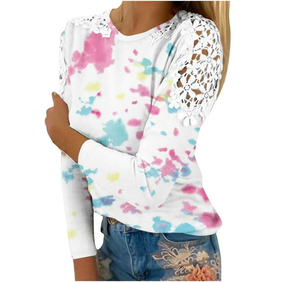 Enjoytime Women Cute Blouse Tops Print Casual Crewneck Shirts Long Sleeve Loose Lace Hollow Out Tunic Tops Fall Winter Clothing