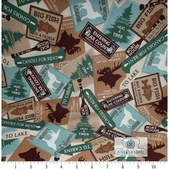 Moose Creek Lodge Signs Cream Cotton Fabric (Yard)