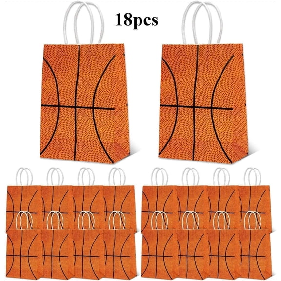 18 Pcs Basketball Party Gift Bags with Handles - Basketball Pattern Paper Treat Candy Goodie Bags for Basketball Themed Party, Sports Day, Birthday Decorations & Supplies