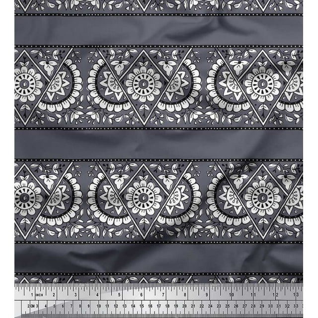 Soimoi Polyester Crepe Fabric Geometric,Leaves & Floral Block Print Fabric by The Yard 52 Inch Wide