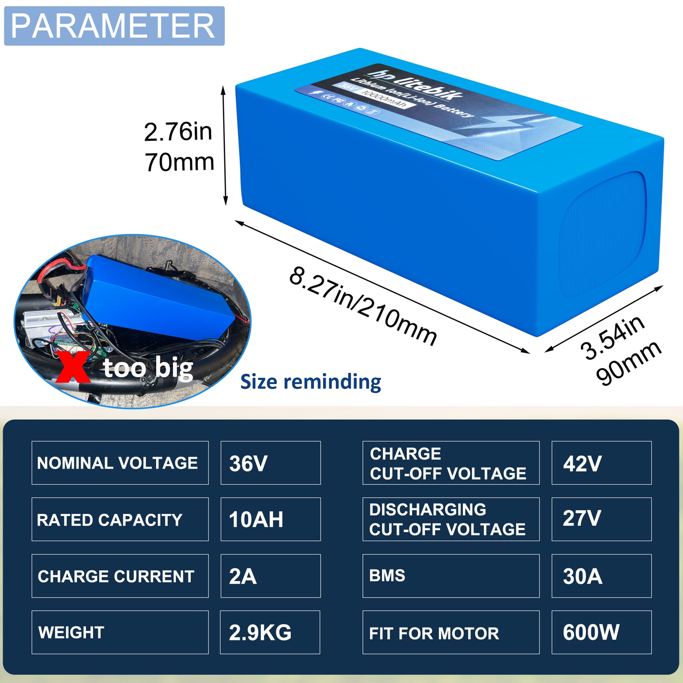 36v 10ah Ebike Battery Replacement Lithium Ion Battery for 750W Electric Bike