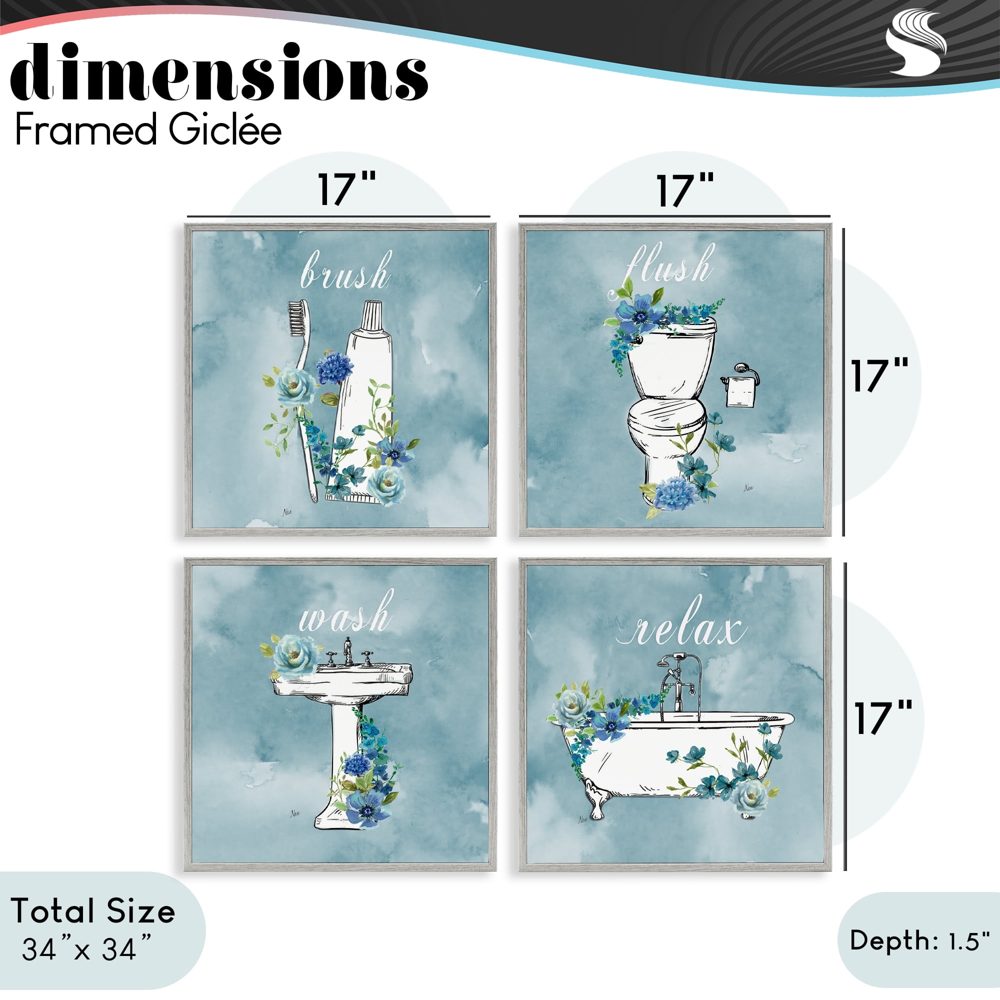 Stupell Industries Blue Floral Bathroom Rules 4 Piece Gray Framed Giclee Art Set, design by Nan