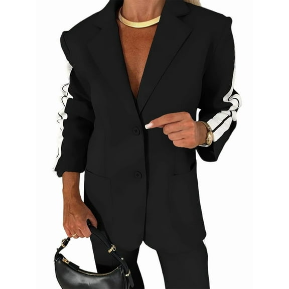 2025 Womens Two Piece Outfits Striped Side Button Tops and Pants with Pockets Sets Business Casual Pants Suits Set Black XXXL