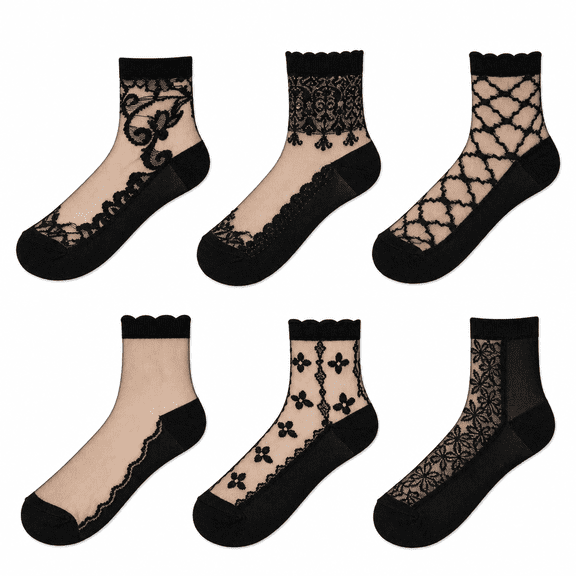 24 Pairs Women's Elegant Lace Socks Black Sheer Ankle Socks Floral Embroidered Thin Crew Socks Mesh Breathable Hosiery for Daily Everyday Wear