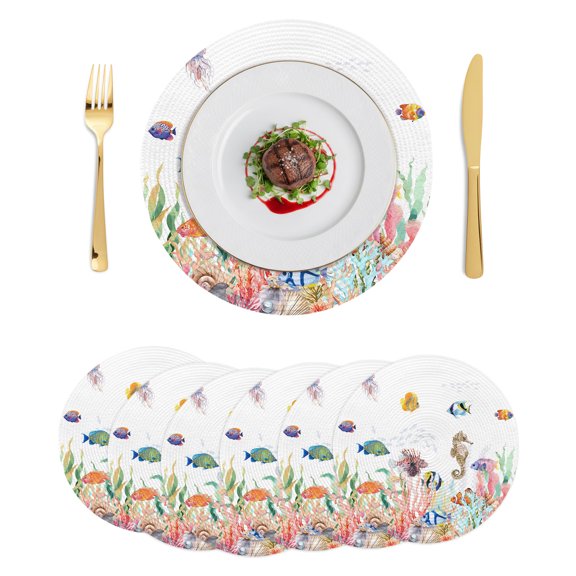 Round Placemats Ocean Coastal 15 inch Set of 6 Table Mats for Dining Table Summer Beach Corals Seahorse Fish Watercolor Heat Resistant Non-Slip Kitchen & Home Decorative Place Mat Set