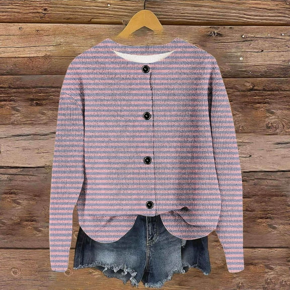 Cutuoiiu Cardigans for Women Button Round Neck Long Sleeve Casual Printing Knitted Outwear Gifts