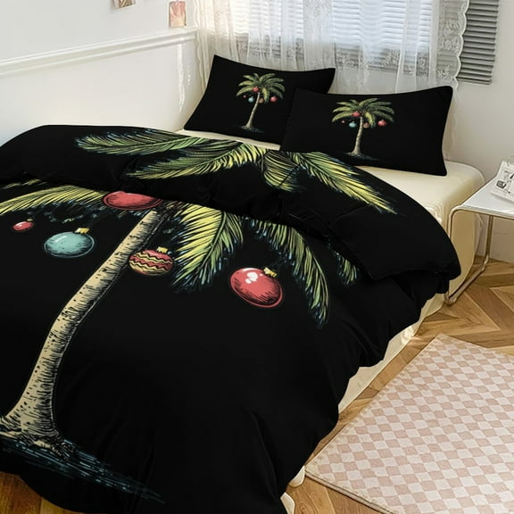 Christmas Palm Tree Duvet Cover King&Queen Size Soft 3 Pieces Set 1 Duvet Cover and 2 Pillow Shams with Zipper Closure 86"x70"