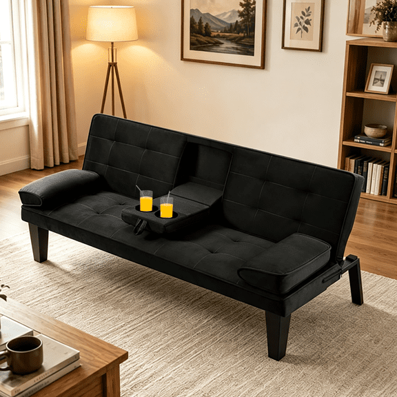 Gewnee 65" 3‑in‑1 Convertible Futon Sleeper Sofa, Velvet Foldable Sleeper Couch with Adjustable Backrest,Sofa Bed with Cup Holders for Small Apartments & Office,Black