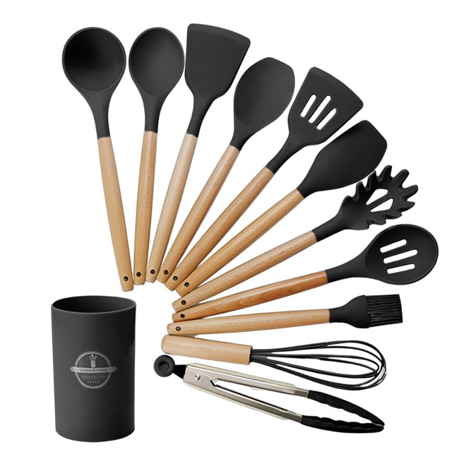 Juego de Utensilios de Cocina | Kit 12 Piezas de Cocina | Set de Instrumentos de Silicona | Mango de Madera Resistentes | Herramientas de Cocina Multifuncionales