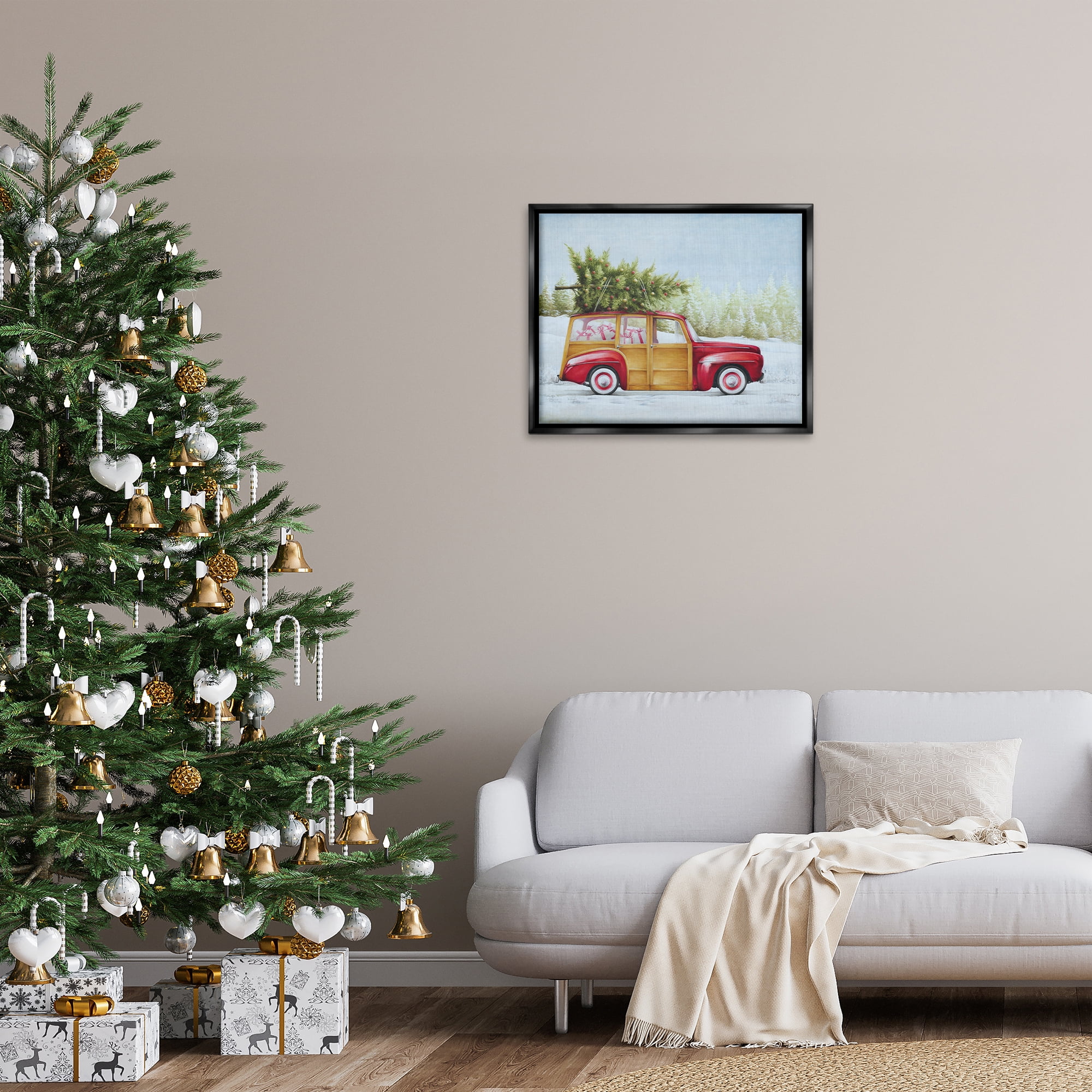 Stupell Industries Holiday Fun Filled Car Holiday Painting Black Floater Framed Canvas Art Prints Wall Art, 31 x 25