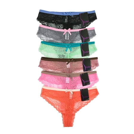 - 6 Pack of Women Sexy Floral Lace Thong Panties Sheer Underwear Several Colors