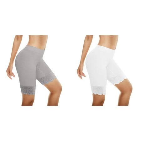 Lojoutye 2 Pack(White 1PCS & Grey 1PCS) Multipack Pussycat Panties Seamless Non Shorts Thong Lot Large for Underskirt Ladies Scratch Underwear Flat Shorts Lace Shorts
