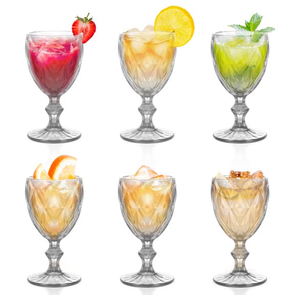 Vintage Glass Goblets Set of 6 Pcs 8.5oz - Elegant Stemmed Wine Cups for Parties, Classic Etched Drinking Glasses for Champagne, Cocktail, Whiskey, Barware, Dishwasher Safe