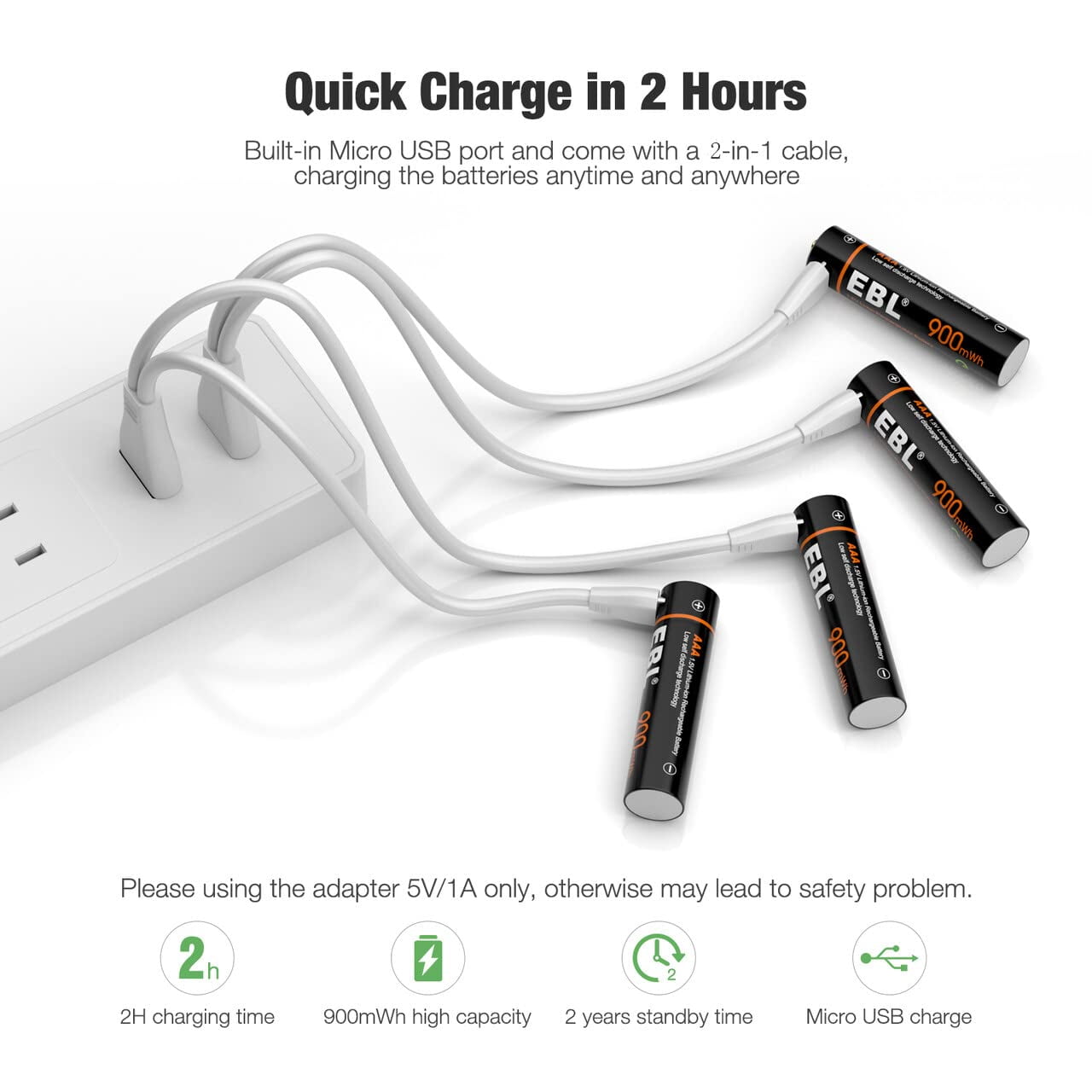 EBL 16 Pack USB Rechargeable AAA Lithium-Ion Batteries 1.5V AAA Battery 900mWh with 2 in 1 Charging Cable