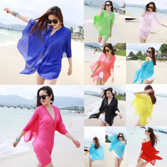 YVNAURA Women Chiffon Beach Cover Up Swimsuit Kimono Cardigan Sheer Flowly Shawl Lightweight Beach Wrap for Vacation Cruise Poolside Open Front Boho Summer Outfit, Blue,One Size