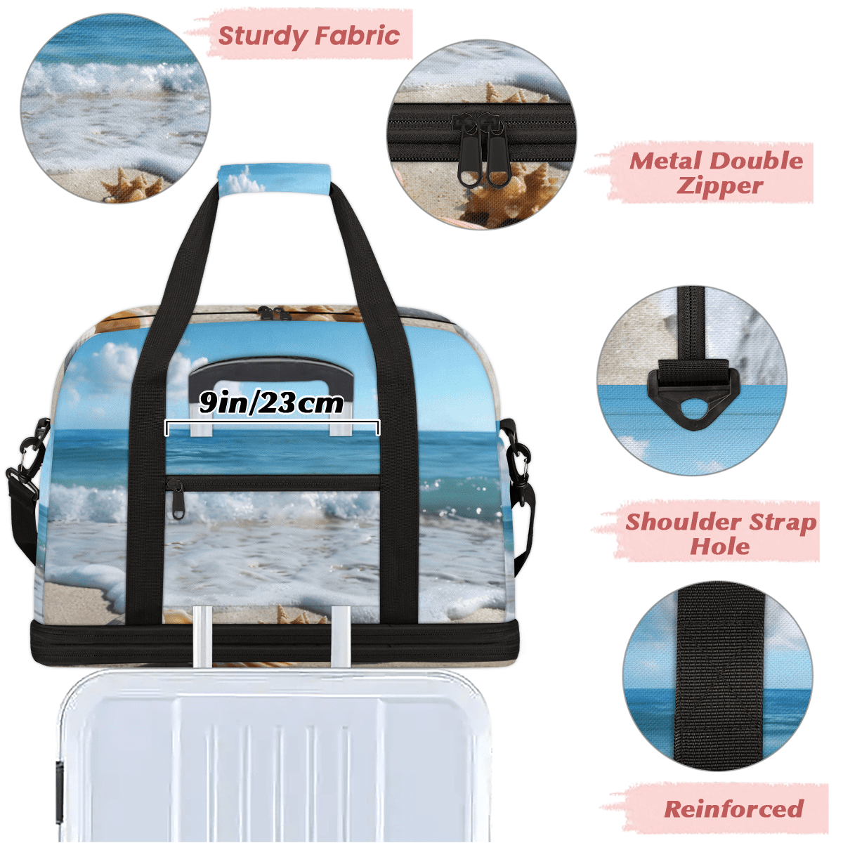 Herdesigns Beach Seashell Starfish Foldable Travel Duffel Bag with Shoe Compartment, Weekend Overnight Carry On Bags for Men Women, Large Sports Gym Luggage
